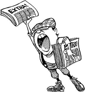 clipart image of a newsboy hawking the newspaper, shouting "Extra! Extra!"